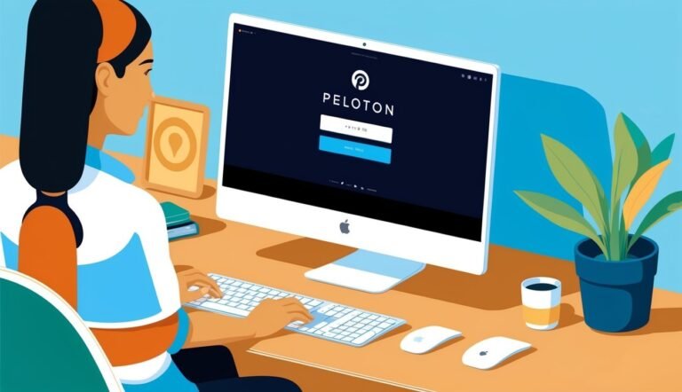 Woman using computer with Peloton login screen on desk