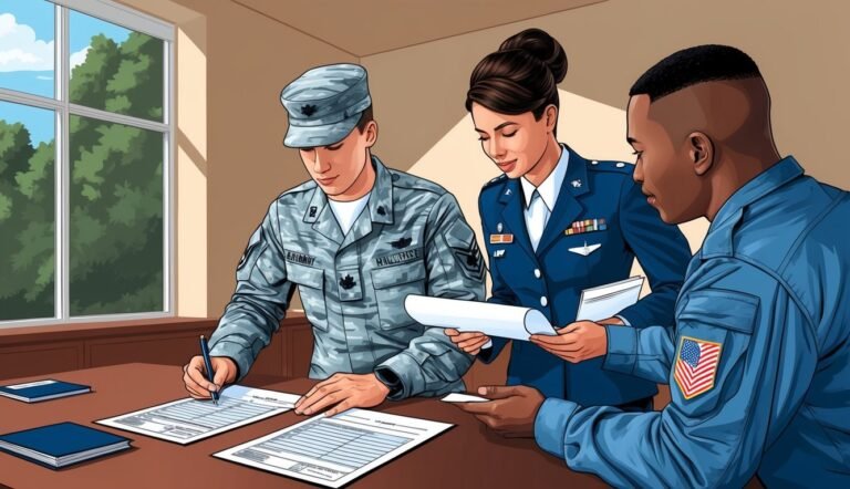 Three people in military uniforms reviewing paperwork at a table