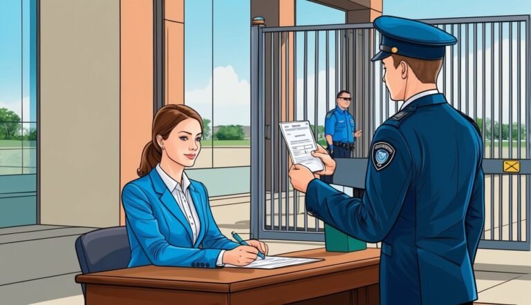 Woman signing document at desk, security guard holding paperwork, gate in background