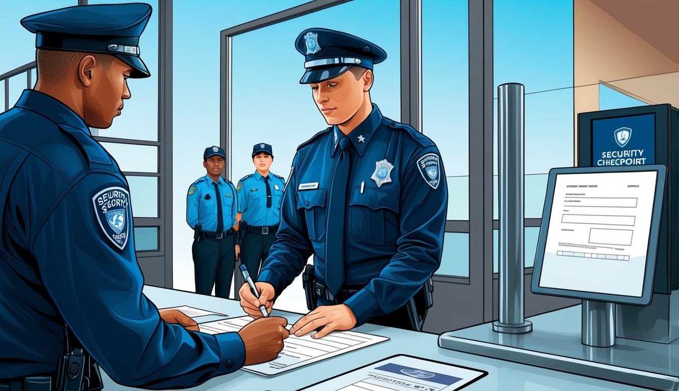 A person filling out a form at a security checkpoint, with a uniformed officer assisting