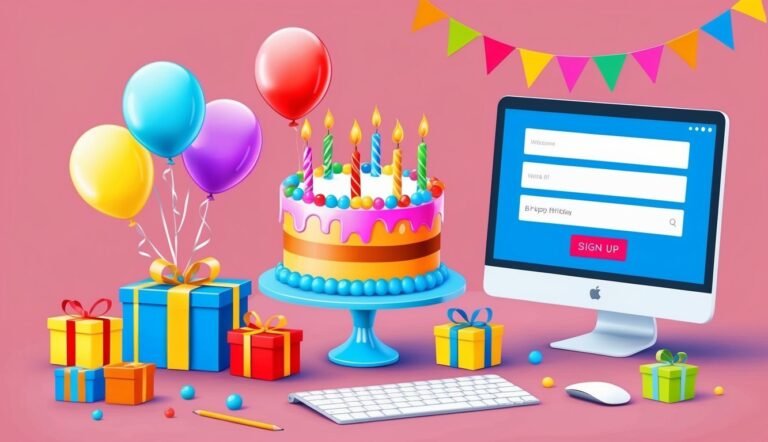 Birthday cake, balloons, gifts, and computer with sign-up form on pink background
