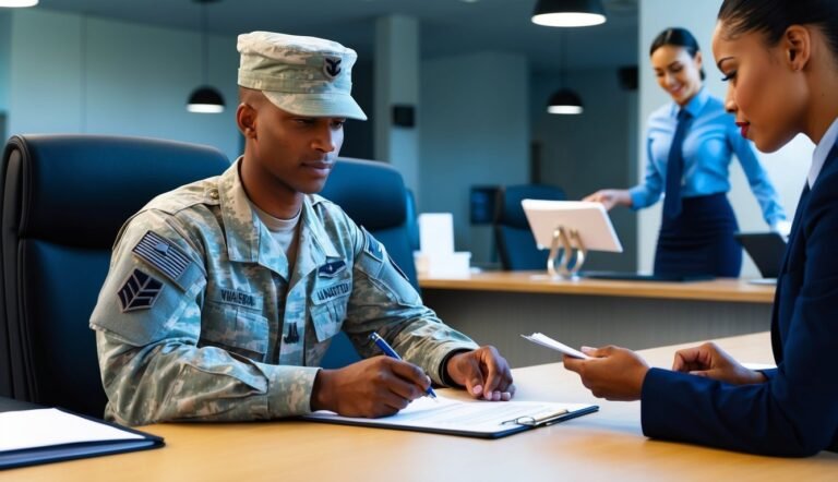 Air Force member signing paperwork at a desk with two other people