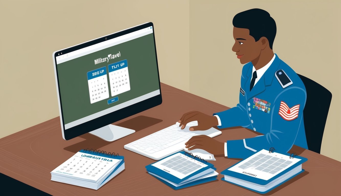 A person using a computer to sign up for military travel, with a calendar and travel documents nearby for managing their trip