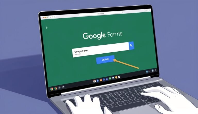 Laptop screen displaying Google Forms sign-in page with an arrow pointing to "Sign In"