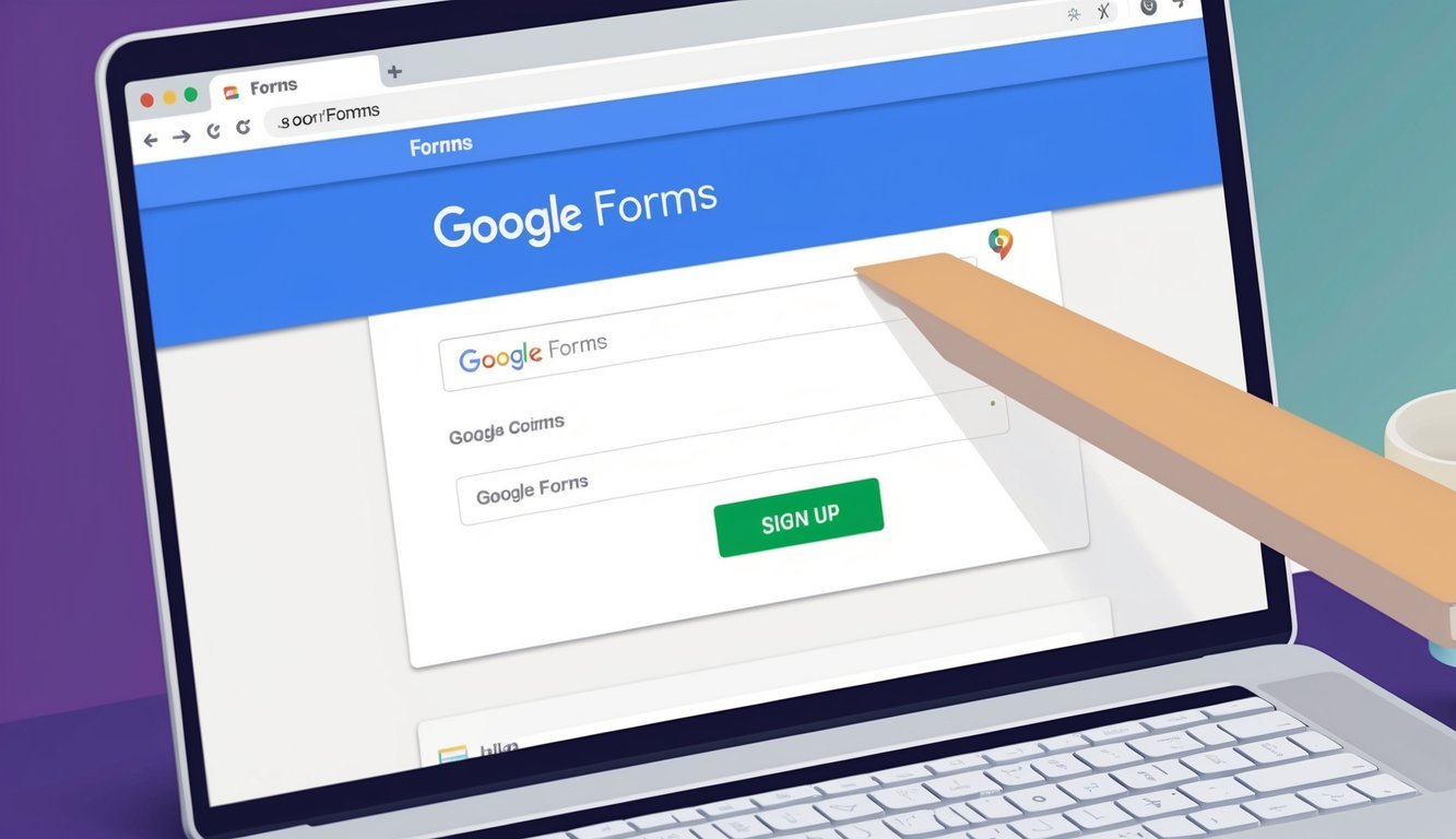 A computer screen displaying the Google Forms homepage with a cursor clicking on the "Sign Up" button