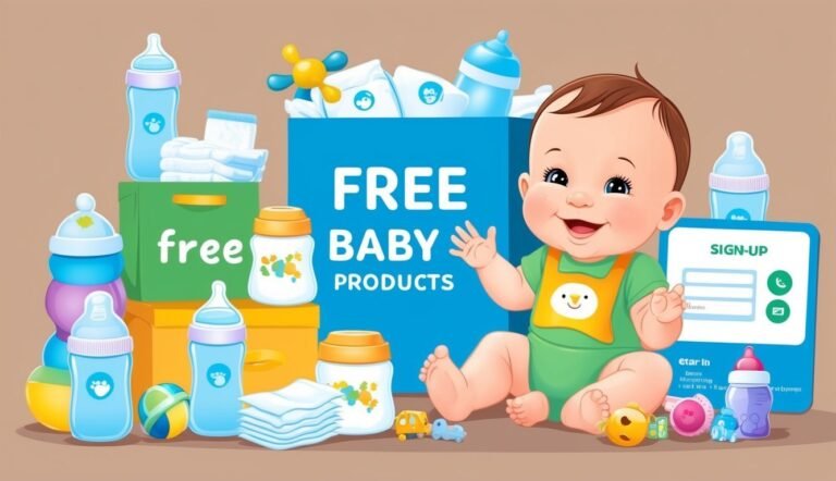 Smiling baby with free baby products, sign-up form, and toys