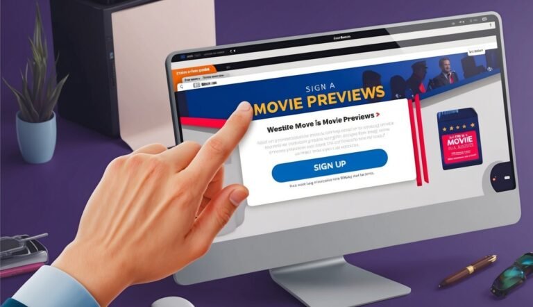 Hand pointing at a computer screen with a movie preview sign-up form