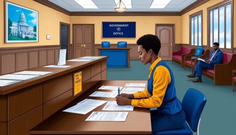 Woman in government office filling out paperwork at a counter