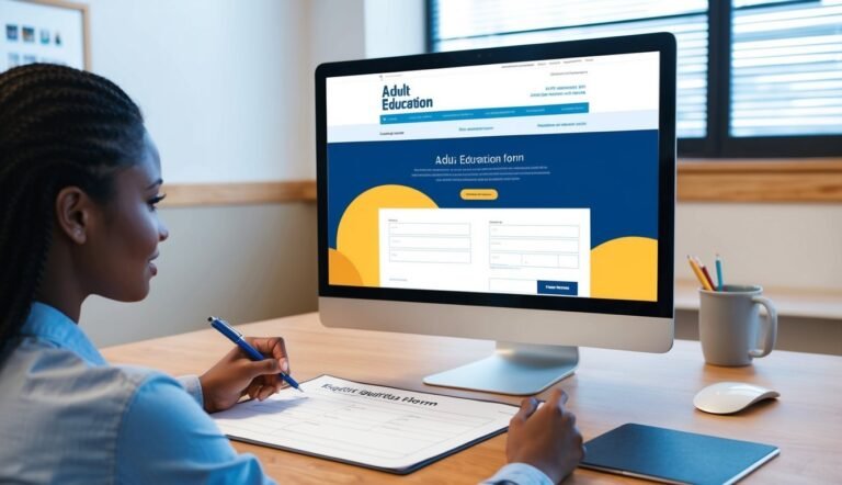 Woman filling out a form at a desk with a computer displaying an online form