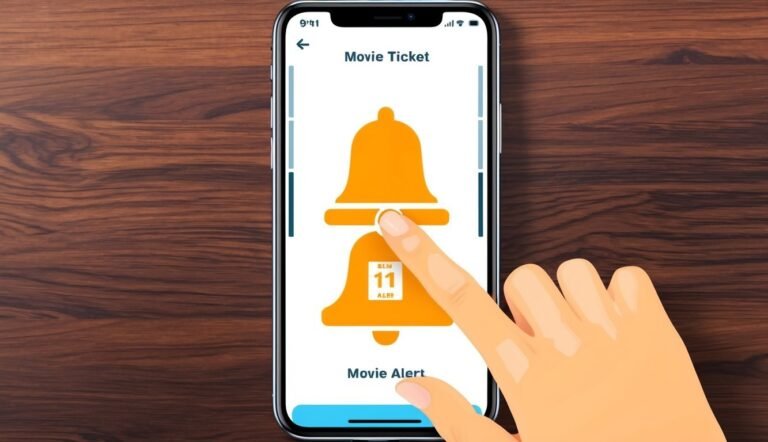 Hand touching a movie alert bell icon on a smartphone screen