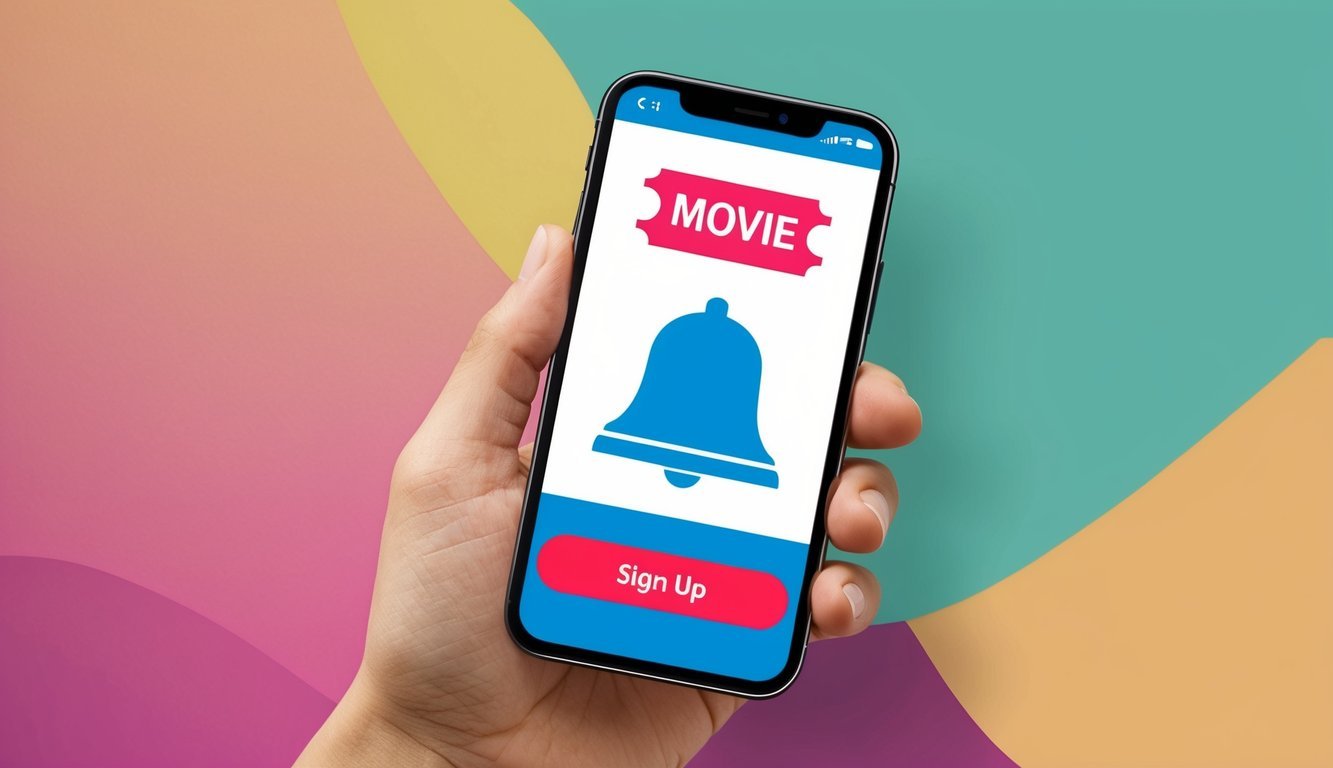 A smartphone with a movie ticket icon, a notification bell, and a sign-up button on a colorful background
