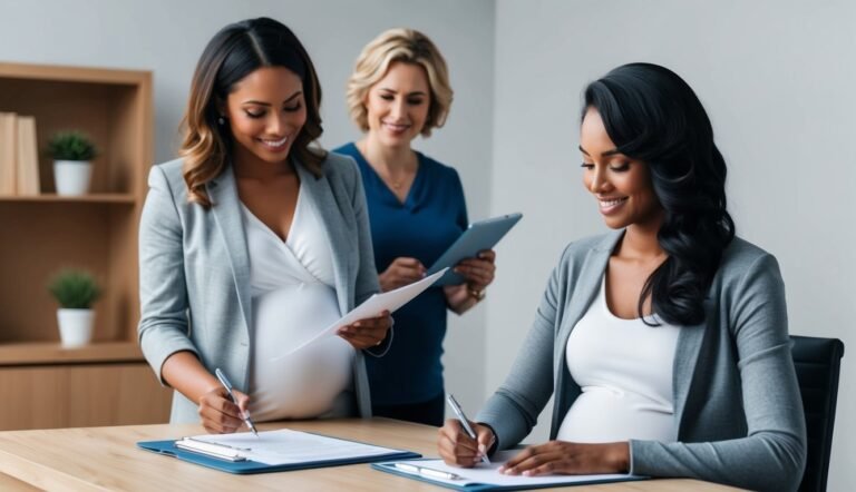 Three pregnant businesswomen working together at a desk, signing documents