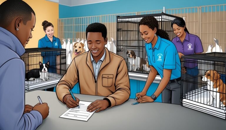 People signing adoption papers at a dog shelter with dogs in cages