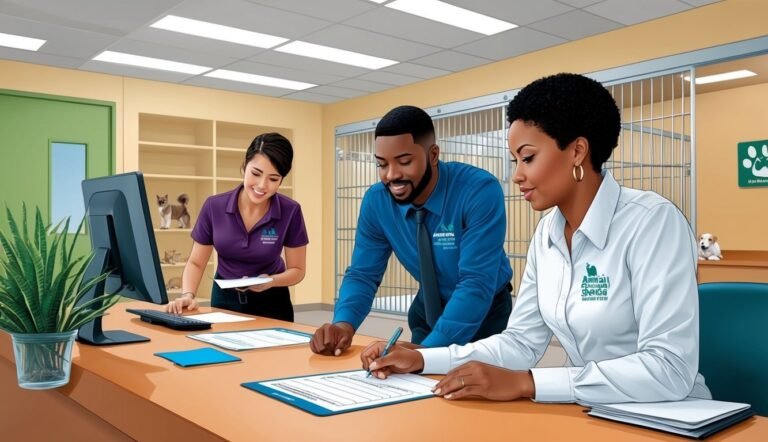 Three people at a desk in an animal shelter, signing paperwork