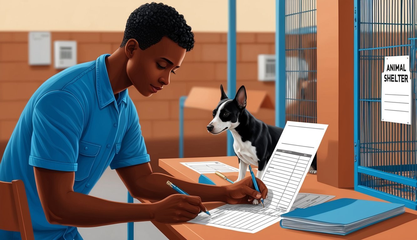 A person filling out paperwork at an animal shelter