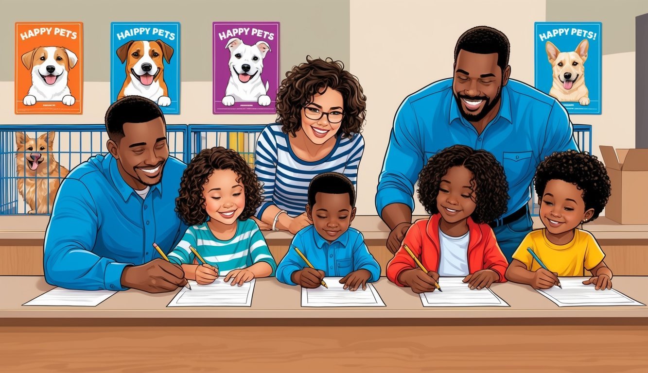 A family of four eagerly fills out paperwork at an animal shelter reception desk, surrounded by colorful posters of happy pets