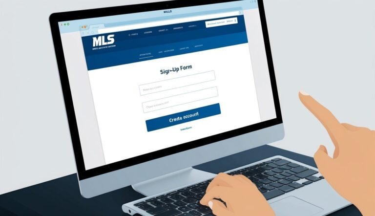 Computer screen with MLS sign-up form, hands typing on keyboard, and pointing finger
