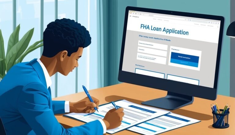Man in blue suit filling out FHA loan application on desk
