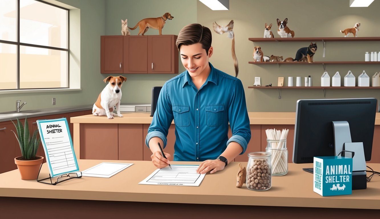 A person filling out a form at an animal shelter's front desk