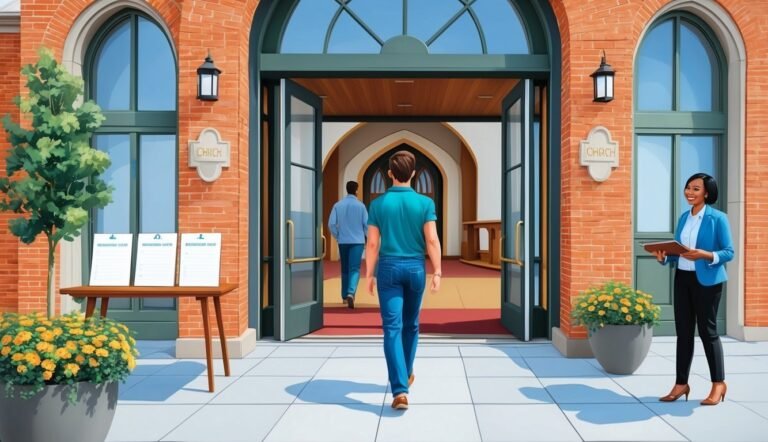 People entering a church, with a greeter and welcome table outside