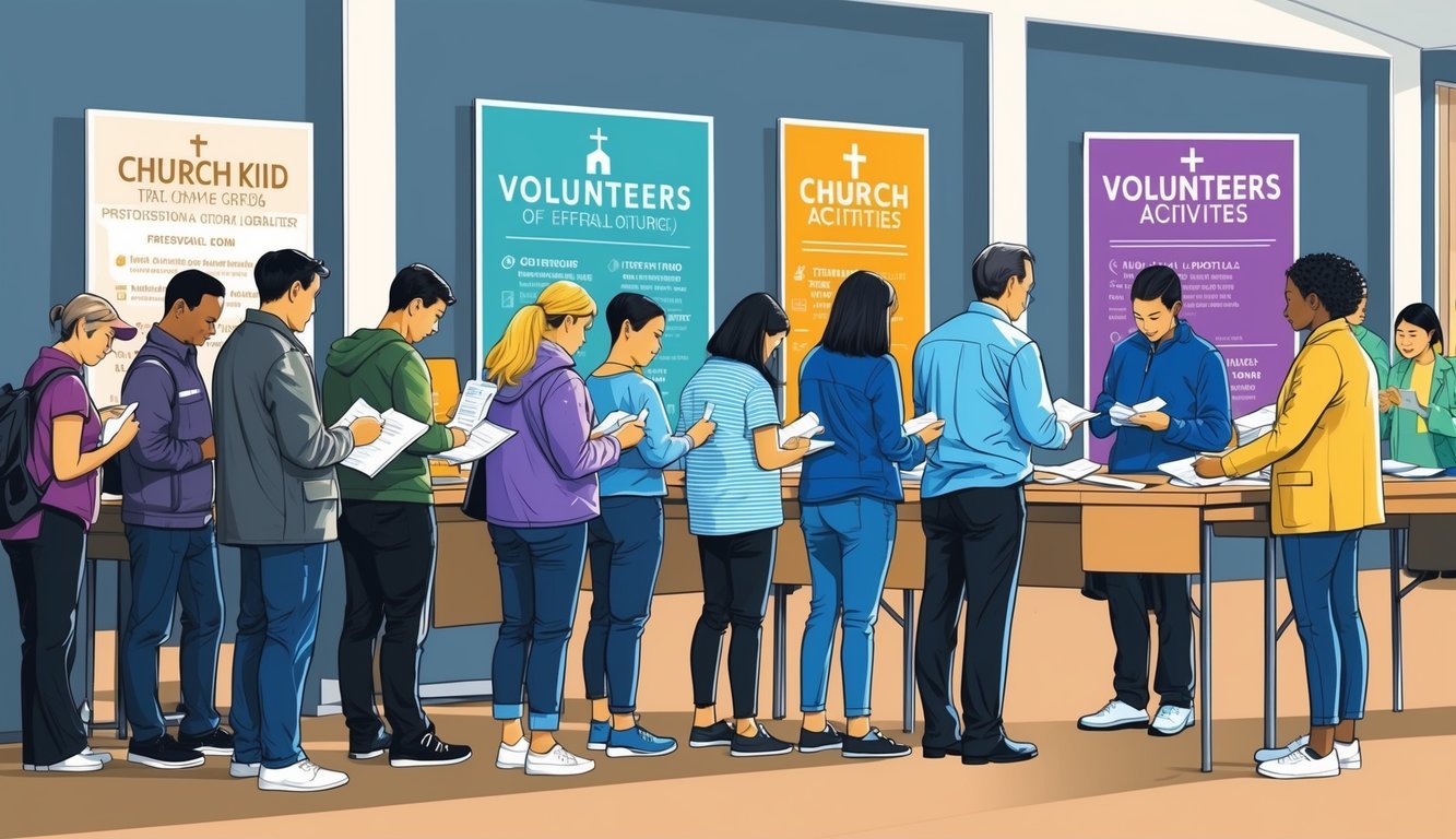 A group of people standing in line, filling out forms and talking to volunteers at a table, with signs and banners promoting various church activities in the background