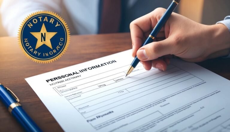 Person signing a form with a notary seal in the background