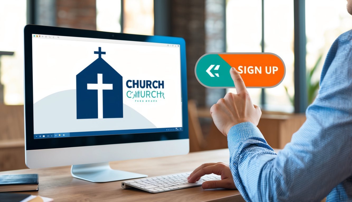 A person clicking a "sign up" button on a computer screen with a church logo in the background