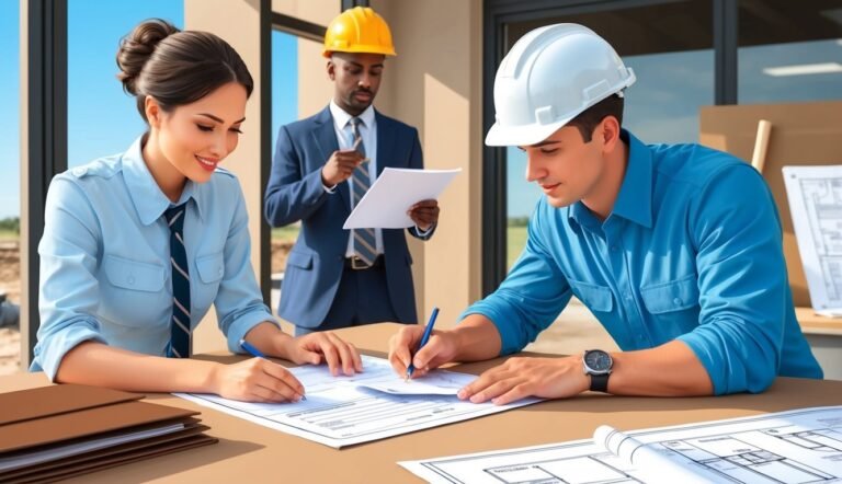 Three architects reviewing blueprints, one wearing a hard hat