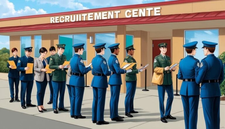 People in uniform line up outside a recruitment center, holding papers