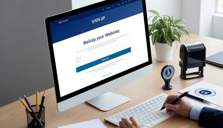 Computer screen displaying a website sign-up form, with a person typing on keyboard