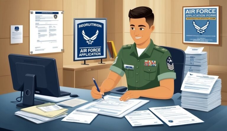 Air Force recruiter filling out application forms at his desk