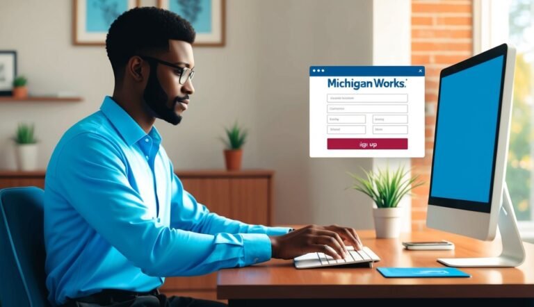 Man using computer to sign up for Michigan Works