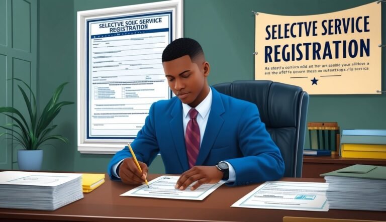 Man in blue suit filling out Selective Service registration form