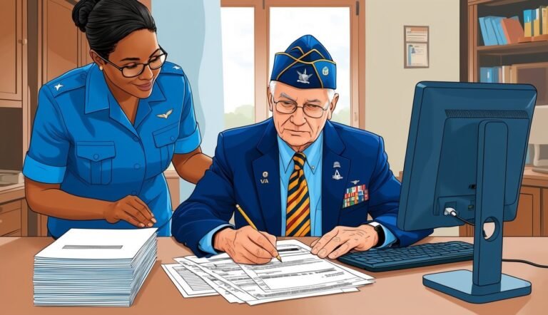 A veteran signs paperwork with assistance from a VA employee