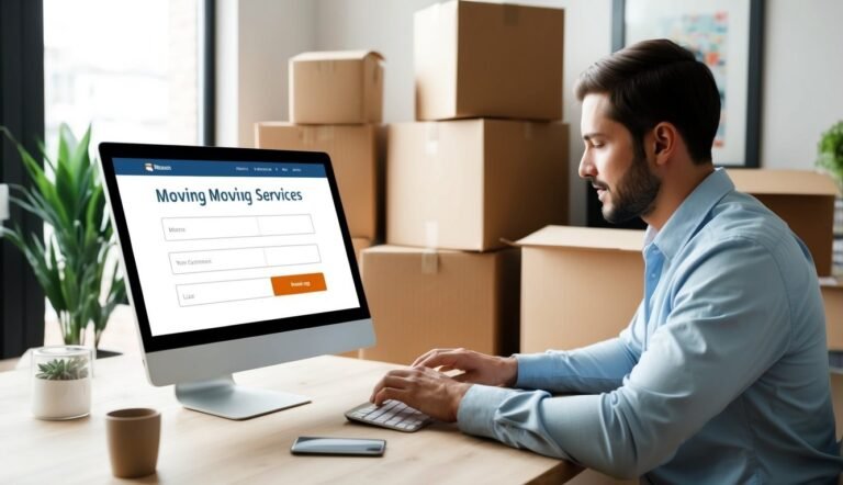 Man using computer to order moving services, surrounded by boxes