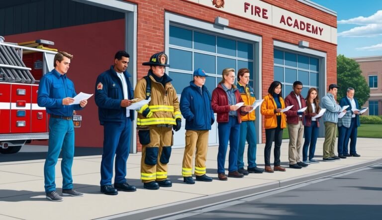 Group of people holding papers in front of a fire academy