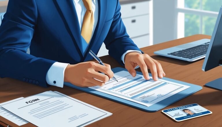 Person in suit signing a form on a desk with laptop and ID