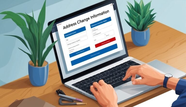 Person typing on laptop with address change form on screen