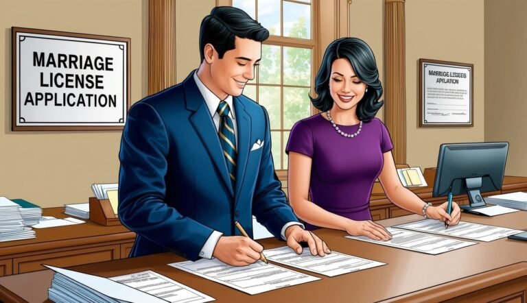 Couple signing marriage license application at a desk in an office