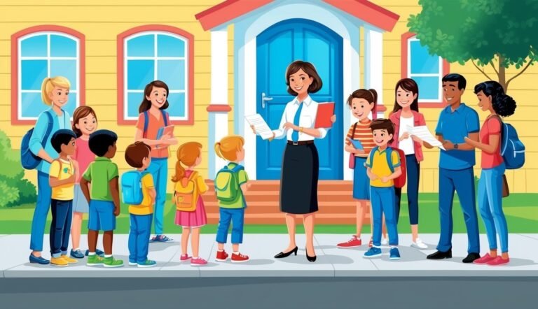 Teacher and students standing in front of a school building
