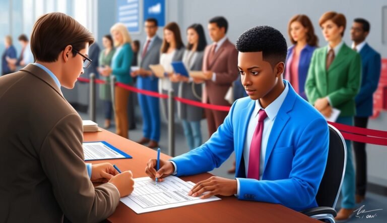 Man in blue suit signing paperwork at a counter, people in line