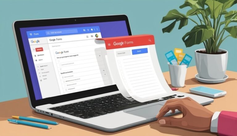 Laptop displaying Google Forms, with a floating form and a hand using the trackpad