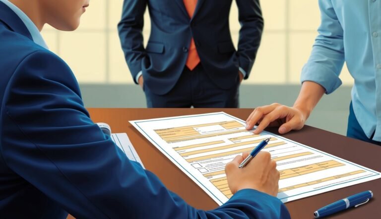 People in suits reviewing and signing a document at a table