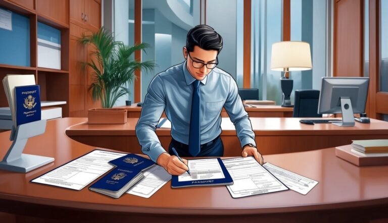 Man in office signing passport forms at a desk