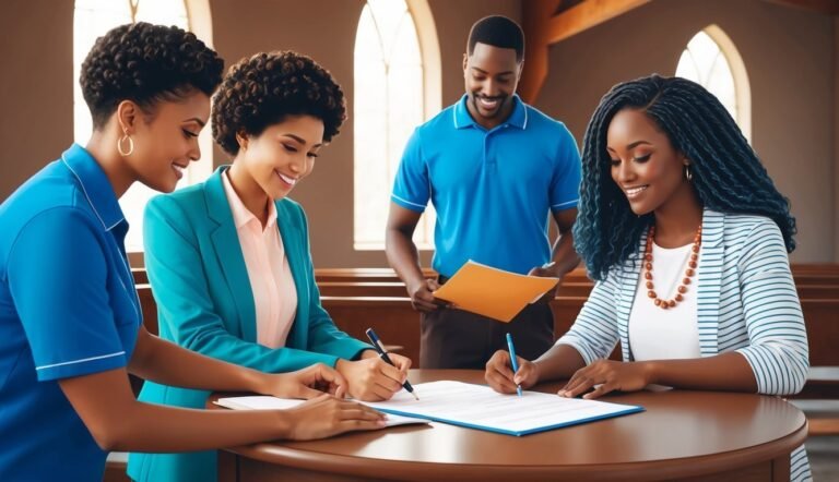 Four people signing a document at a table, one man holding papers