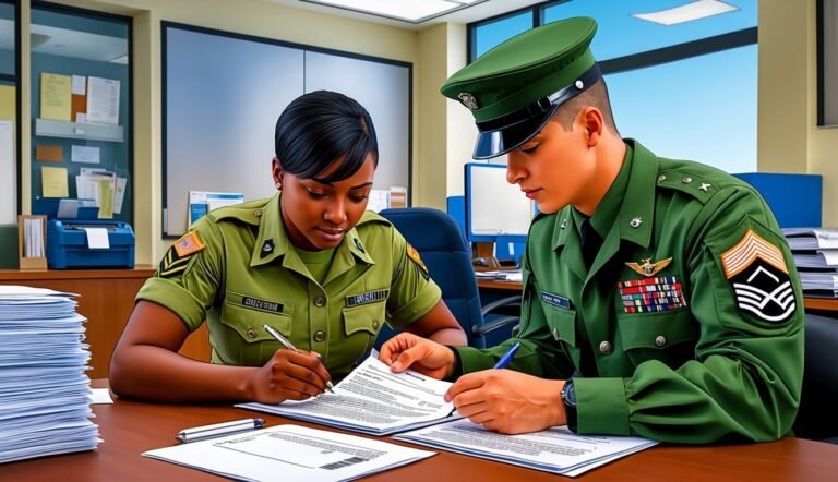 Two military personnel reviewing documents at a desk in an office