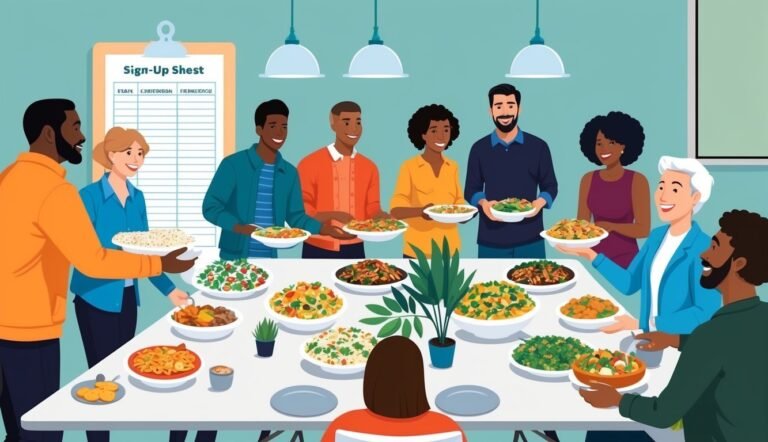 People at a potluck, holding plates of food, with a sign-up sheet