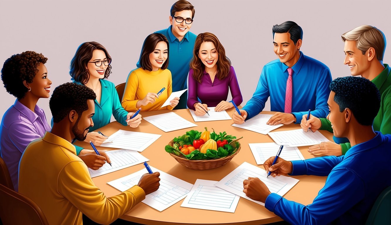 A group of people gathered around a table, each holding a pen and paper, eagerly signing up for the potluck event