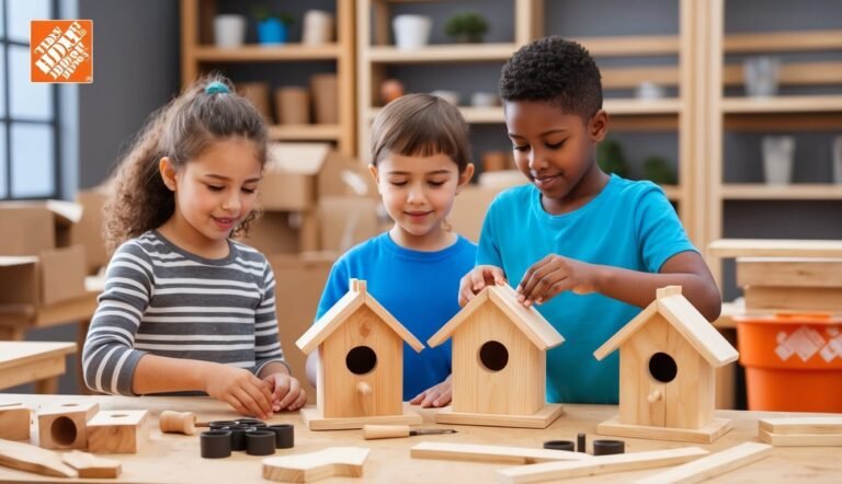 Three children building birdhouses together at a wooden table