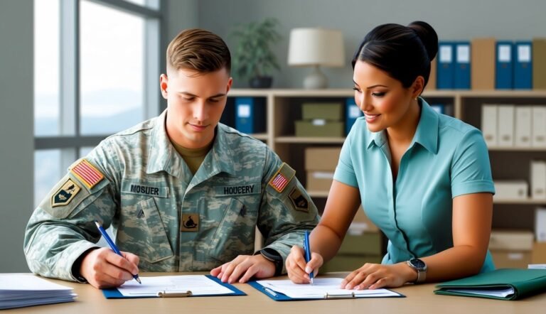 Soldier and woman signing documents at a desk in an office